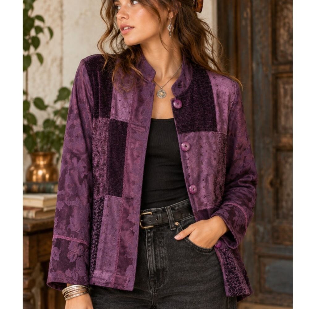 Coldwater Creek Patchwork Chenille Jacket Purple Jacquard Art To Wear VTG 90s